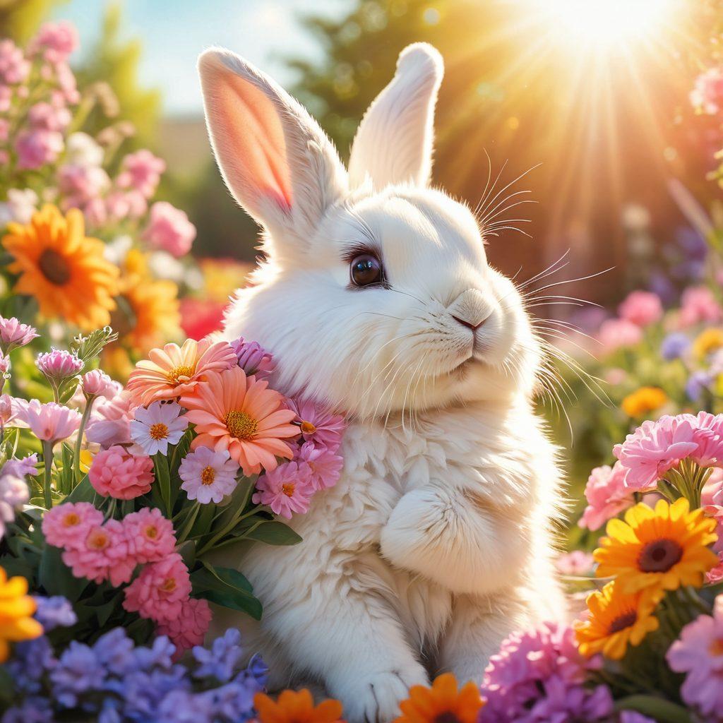 A cheerful female bunny enthusiast nestled among colorful flowers, gently cradling a fluffy bunny in her arms. The scene radiates warmth with bright pastels and the sun shining down on them, creating a sense of joy and companionship. Include playful butterflies fluttering nearby, enhancing the feeling of happiness. Super-realistic. Vibrant colors. Soft focus.