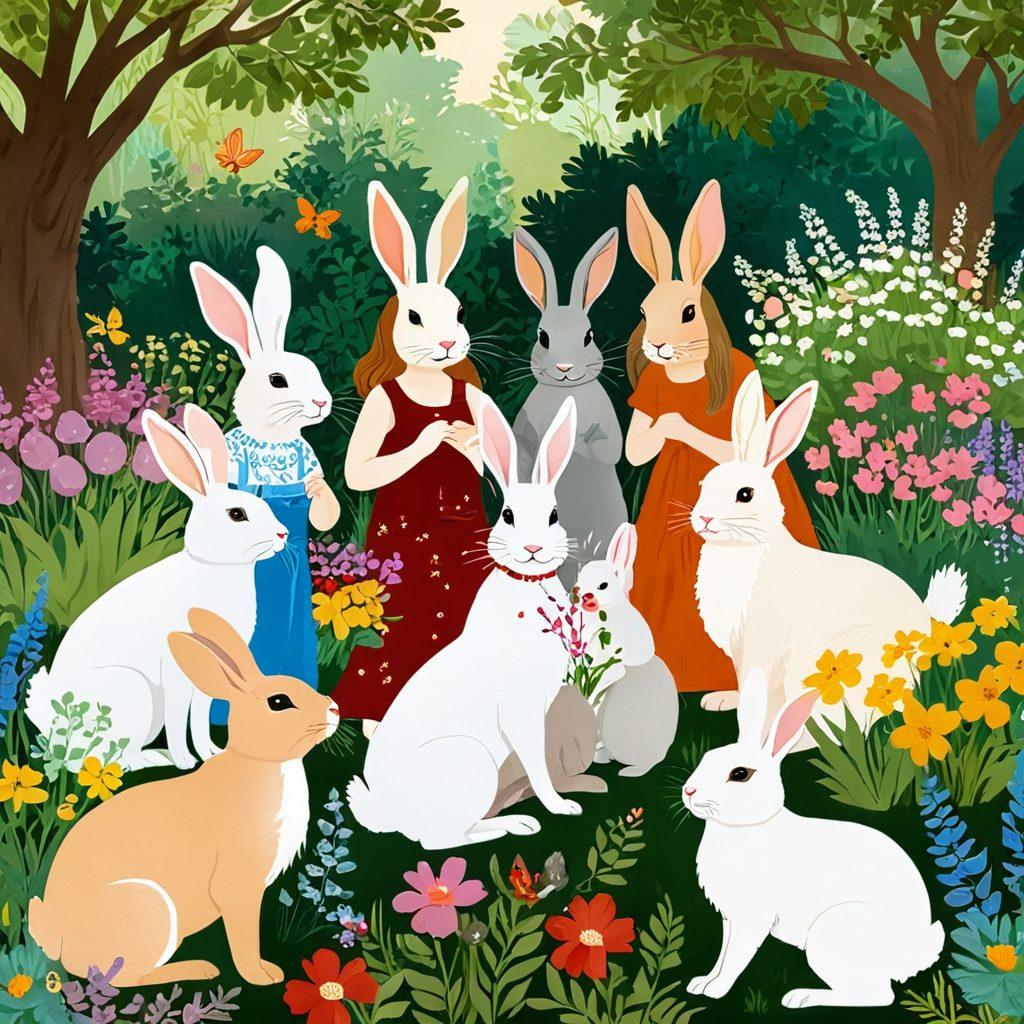 A whimsical garden scene featuring a diverse group of women joyfully interacting with various adorable rabbit breeds, surrounded by colorful flowers and lush greenery. Each woman showcases unique styles and expressions, highlighting their shared love for bunnies. The rabbits are playfully engaged, hopping and exploring, adding a lively touch to the serene atmosphere. Soft, warm lighting enhances the cozy and inviting feel of the setting. vibrant colors. painterly style.