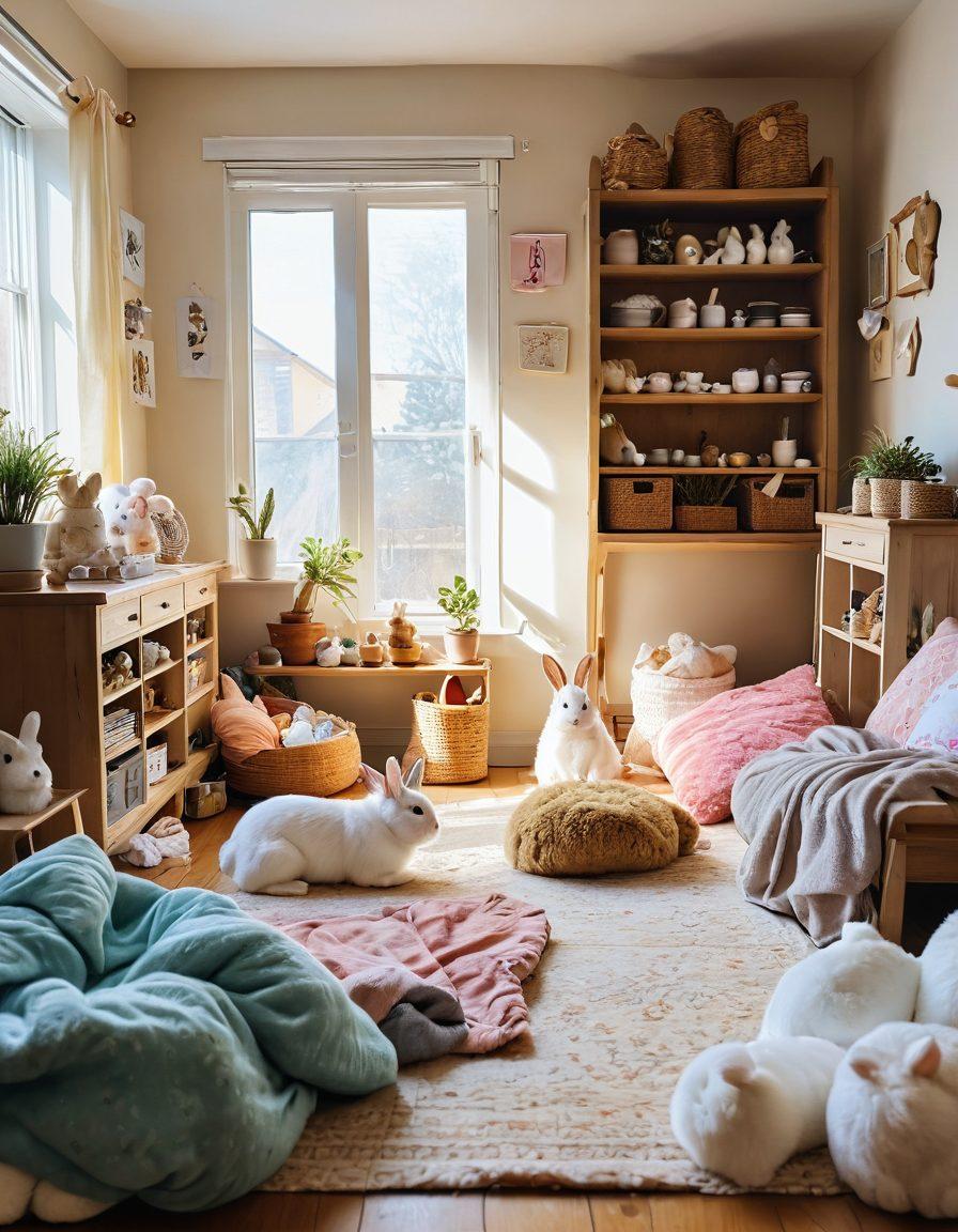 A cozy, sunlit room filled with fluffy rabbits happily playing and cuddling, with rabbit care essentials like hay, toys, and a cozy bed scattered around. In the background, an array of colorful bunny merchandise is displayed, including cute t-shirts, mugs, and plush toys, creating a warm ambiance. The scene captures the joy of being a rabbit owner and celebrating bunny culture. vibrant colors. soft focus. whimsical style.